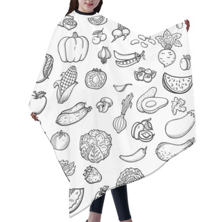 Personality  Set Of Vegetables And Fruits. For Menu. Hand Drawing, Retro. Healthy Food. Vintage Style. Hair Cutting Cape