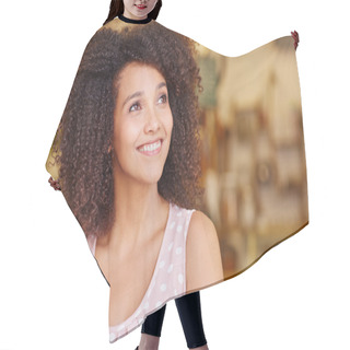 Personality  Woman Standing In Doorway Of Coffee Shop Hair Cutting Cape