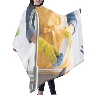 Personality  Cropped View Of Housewife Washing Plate In Kitchen Hair Cutting Cape