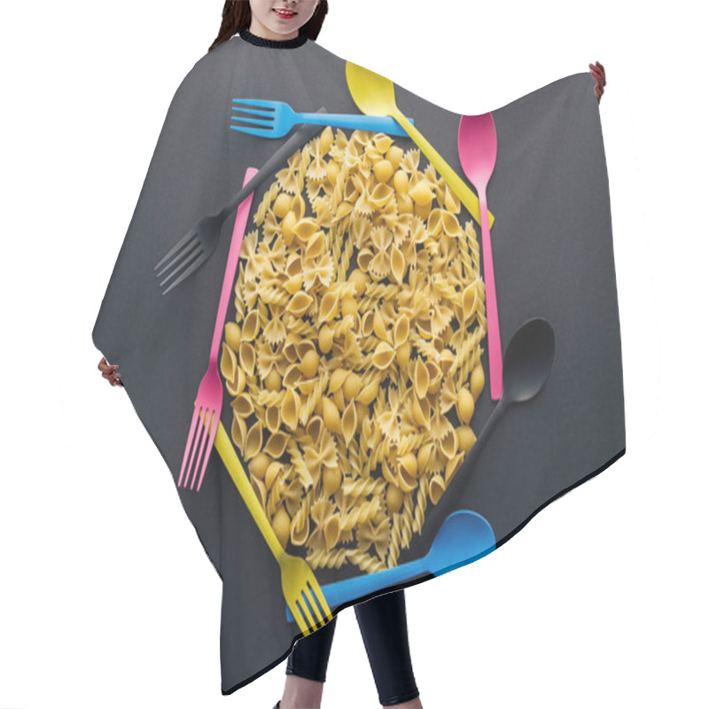 Personality  Top View Of Uncooked Pasta Surrounded By Colorful Spoons And Forks On Black Background Hair Cutting Cape