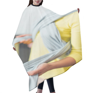 Personality  Selective Focus Of Mother Wearing Baby Carrier At Home  Hair Cutting Cape