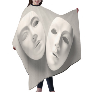 Personality  Theatre Concept With The White Plastic Masks Hair Cutting Cape
