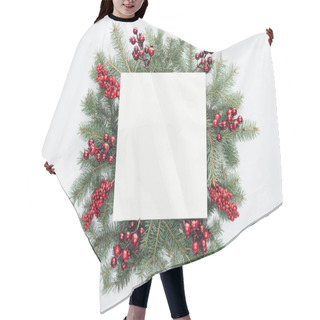 Personality  Top View Of Pine Tree Wreath With Christmas Decorations And Square Blank Space In Middle Isolated On White Hair Cutting Cape