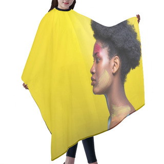 Personality  Side View Of Beautiful African American Woman On Yellow Hair Cutting Cape