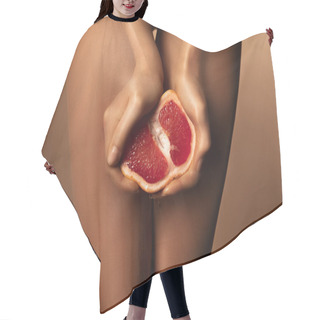 Personality  Cropped View Of Woman In Nylon Tights Squeezing Grapefruit Half Isolated On Brown Hair Cutting Cape