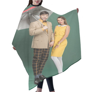 Personality  Beautiful Smiling Couple In Vintage Clothes Posing With Umbrella On Green Background Hair Cutting Cape
