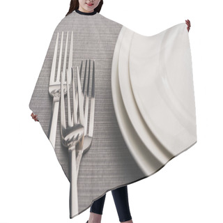 Personality  Empty Plates With Forks On Grey Linen Tablecloth Hair Cutting Cape