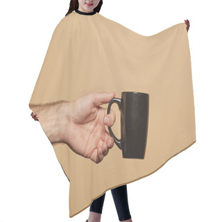 Personality  Cropped View Of Man Holding Black Mug Isolated On Beige Hair Cutting Cape