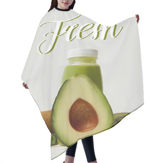 Personality  Green Detox Smoothie With Avocado, Kiwi And Mint On White Wooden Surface, Fresh Inscription Hair Cutting Cape
