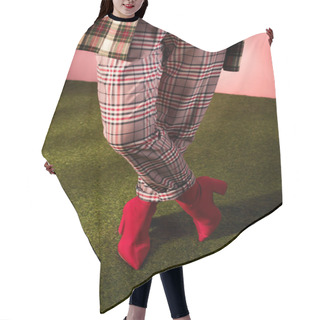 Personality  Cropped View Of Woman Posing In Fashionable Checkered Pants On Green Carpet Hair Cutting Cape