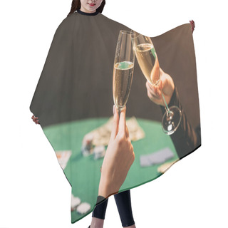 Personality  Cropped Image Of Women Clinking With Glasses Of Champagne At Poker Table In Casino Hair Cutting Cape