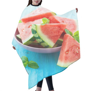 Personality  Triangular Slices Of Fresh Watermelon On Blue Wooden Background Hair Cutting Cape