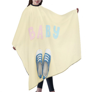 Personality  Top View Of Sneakers And Baby Lettering Isolated On Yellow Hair Cutting Cape