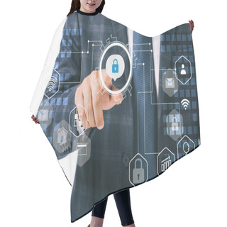 Personality  Partial View Of Businessman Pointing At Cyber Security Signs Isolated On White Hair Cutting Cape