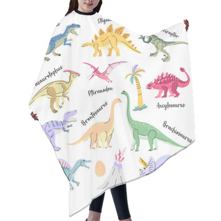 Personality  Set Of Dinosaurs Including T-rex, Brontosaurus, Triceratops, Velociraptor, Pteranodon, Allosaurus, Etc Isolated On White Hair Cutting Cape