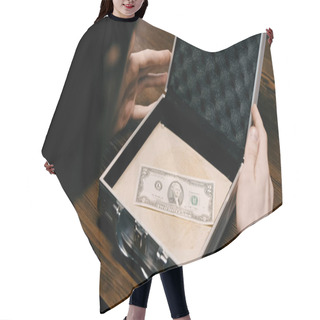 Personality  Blurred Businessman Holding Case With Unique Dollar Banknote On Table Hair Cutting Cape