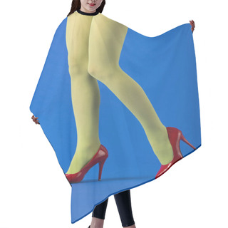 Personality  Cropped View Of Trendy Model In Green Tights And Red Heels Posing On Blue  Hair Cutting Cape
