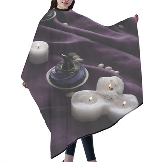 Personality  Delicious Halloween Cupcakes Near Burning Candles On Purple Cloth Hair Cutting Cape