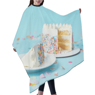 Personality  Piece Of Cake With Cut Cake On Blue Background With Confetti Hair Cutting Cape