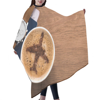 Personality  Flat Lay With Cup Of Coffee With Plane Sign, Passport, Ticket And Male Watch On Wooden Surface, Traveling Concept Hair Cutting Cape