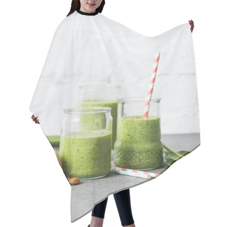 Personality  Green And Healthy Organic Smoothie In Glasses With Straws Hair Cutting Cape