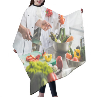 Personality  Cropped Image Of Chefs Preparing Vegetables At Restaurant Kitchen Hair Cutting Cape