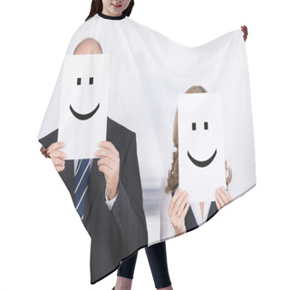 Personality  Businesspeople Holding Smileys On Placard In Front Of Faces Hair Cutting Cape