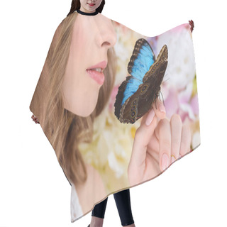 Personality  Cropped Shot Of Young Woman With Butterfly On Hand Hair Cutting Cape