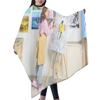 Personality  Side View Of Beautiful Female Artist Painting On Canvas In Workshop Hair Cutting Cape