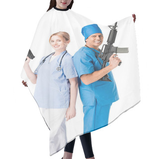 Personality  Smiling Male Doctor And Nurse With Guns Isolated On White Hair Cutting Cape