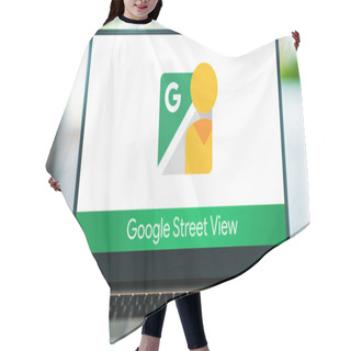 Personality  POZNAN, POL - JUL 10, 2021: Laptop Computer Displaying Logo Of Google Street View, A Technology Featured In Google Maps And Google Earth Hair Cutting Cape