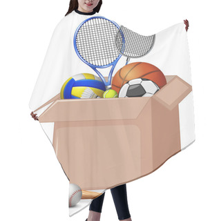 Personality  Cardboard Box Full Of Sport Equipments On White Background Hair Cutting Cape