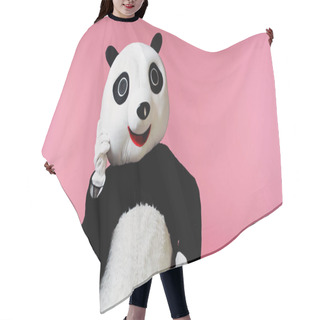 Personality  Person In Happy Panda Bear Costume Standing Isolated On Pink  Hair Cutting Cape
