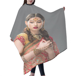 Personality  Attractive Indian Woman In Traditional Clothing And Accessories, Isolated On Grey  Hair Cutting Cape