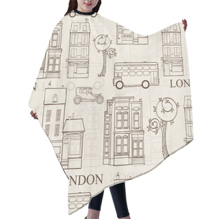 Personality  Vector Vintage Brown London Streets Hand Drawn Seamless Pattern With Houses, Trees, Busses, And Cars. Hair Cutting Cape