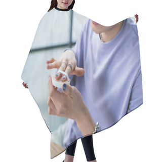 Personality  Cropped View Of Transgender Person Holding Sponge And Face Powder In Studio  Hair Cutting Cape