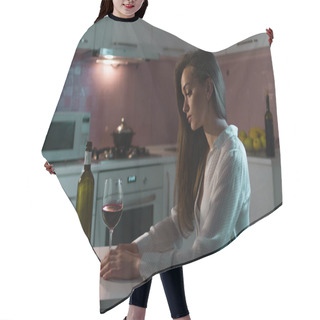 Personality  Lonely, Unhappy, Sad Beautiful Young Woman In A Blouse With Glass Of Red Wine Is Drinking Alone In Evening At Home. Female Alcoholism And Alcohol Addiction Hair Cutting Cape