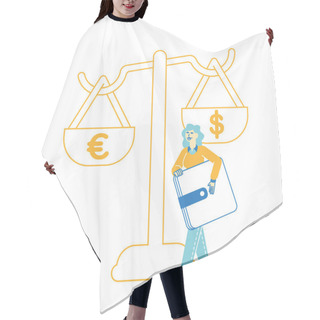 Personality  Female Character Enjoy Finance Success, Saving Euro And Dollars Currency In Wallet. People And Money Concept. Tiny Woman Carry Huge Purse Full Of Cash And Credit Cards. Linear Vector Illustration Hair Cutting Cape