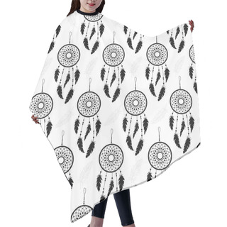 Personality  Seamless Background Of White Feathers And Dream Catchers On A Colored Background. Pattern. Hair Cutting Cape