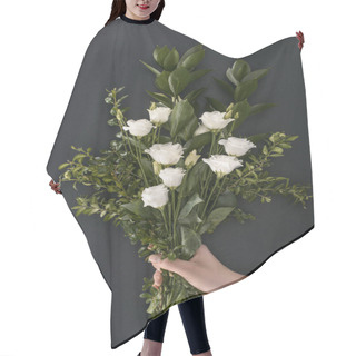 Personality  Cropped Image Of Female Hand Holding Bouquet With Eustoma And Branches Over Black Background  Hair Cutting Cape