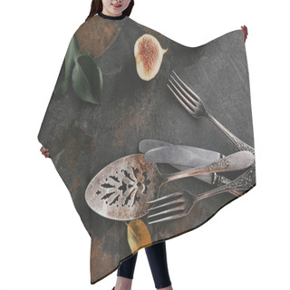 Personality  Top View Of Antique Cutlery, Green Leaves And Figs On Grungy Surface Hair Cutting Cape