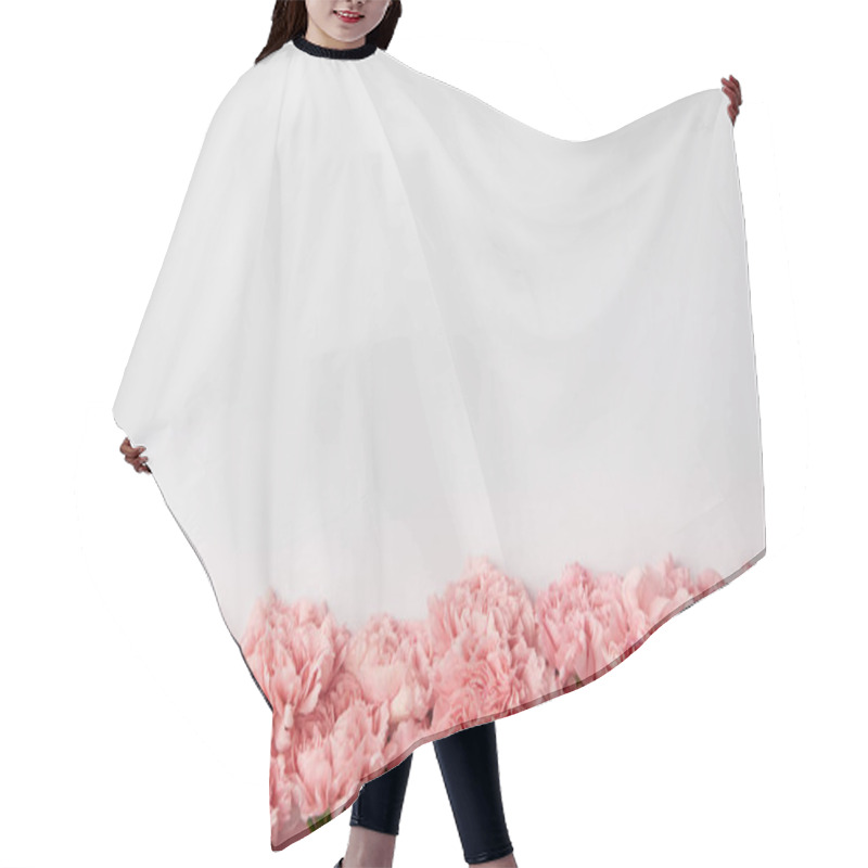 Personality  top view of beautiful tender carnation flowers isolated on grey background    hair cutting cape
