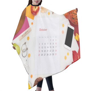 Personality  October Calendar Page, Hat, Smartphone, Fruits, Pumpkin, Dry Leaves, Multicolored Papers,  Wooden Block With November Inscription Isolated On White Hair Cutting Cape