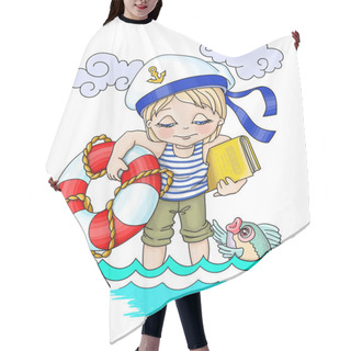 Personality  .Vector Cartoon Illustration Relaxation The Sea,boy-seafarer With A Narrow Circle Hair Cutting Cape