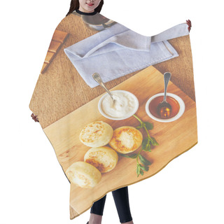 Personality  Fried Cheese Pancakes Dish Served With Honey And Sour Cream Hair Cutting Cape