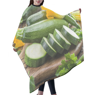 Personality  Zucchini With Slices And Zucchini Flowers On A Wooden Table. Hair Cutting Cape
