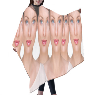 Personality  Pretty Young Woman Standing With Her Clones Against White Background. Business Cloning Concept Or Rejuvenation With Stem Cells Concept Hair Cutting Cape