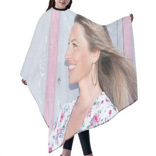 Personality  Smiling Side Profile Portrait Of Blonde Woman Happy With Long Hair Looking Aside On Grey Pink Wooden Background Hair Cutting Cape