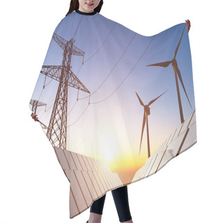 Personality  Photovoltaic Power Station And Wind Turbines In Background During Sunset. Renewable Energy Concept. 3D Rendered Illustration. Hair Cutting Cape