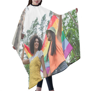 Personality  Low Angle View Of Interracial Same Sex Couple Holding Lgbt Flag Outdoors  Hair Cutting Cape